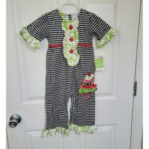 Le Za Me Girls Christmas Tree Applique Houndstooth Ruffle Romper Jumpsuit 3T NEW